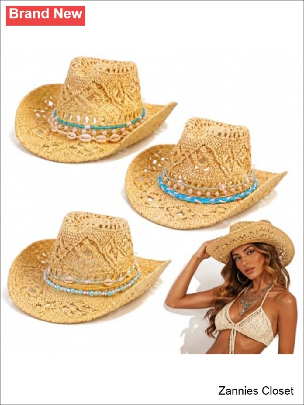 🤠 Skicuff Straw Cowboy Hats Set of 3 Shell Hatband Coastal Beach